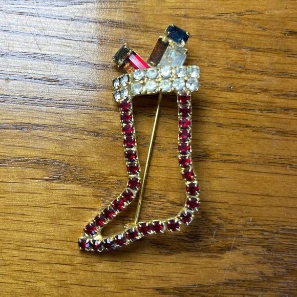 Vintage Christmas Holiday Brooch Pins Gold Tone Angel, Stocking, Poinsettia x3 - Picture 6 of 10